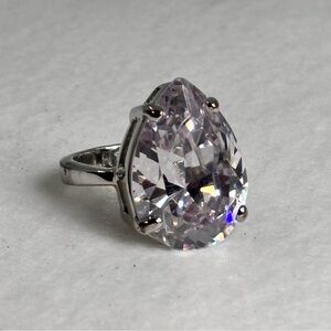 Elegant Cocktail Ring, Silver Crystal Teardrop Ring, Size 9.5